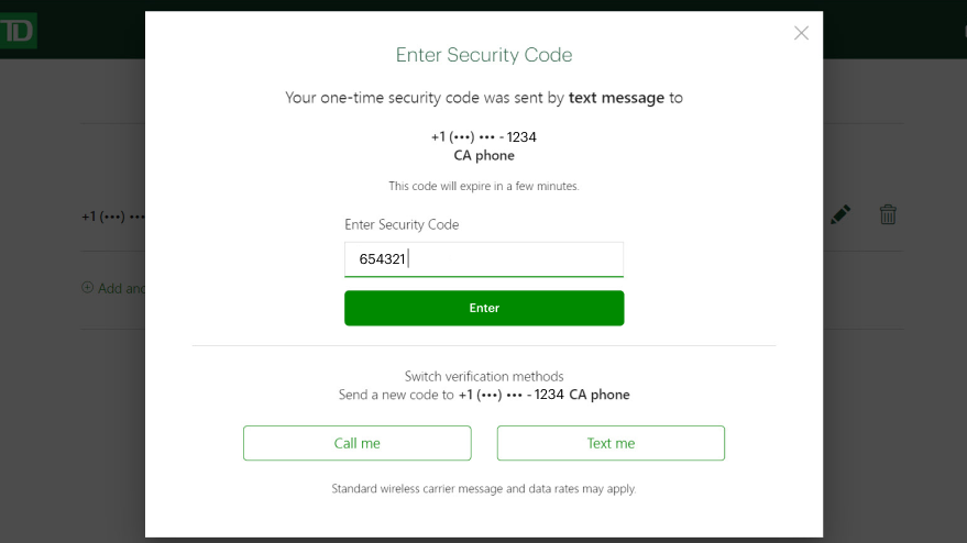 Enter the 6-digit security code you received by text or phone call. Type that code into the Enter Security Code field and select Enter at the bottom of the screen.