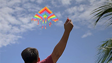 A person flies a rainbow coloured kite against a bright blue sky with a few clouds.