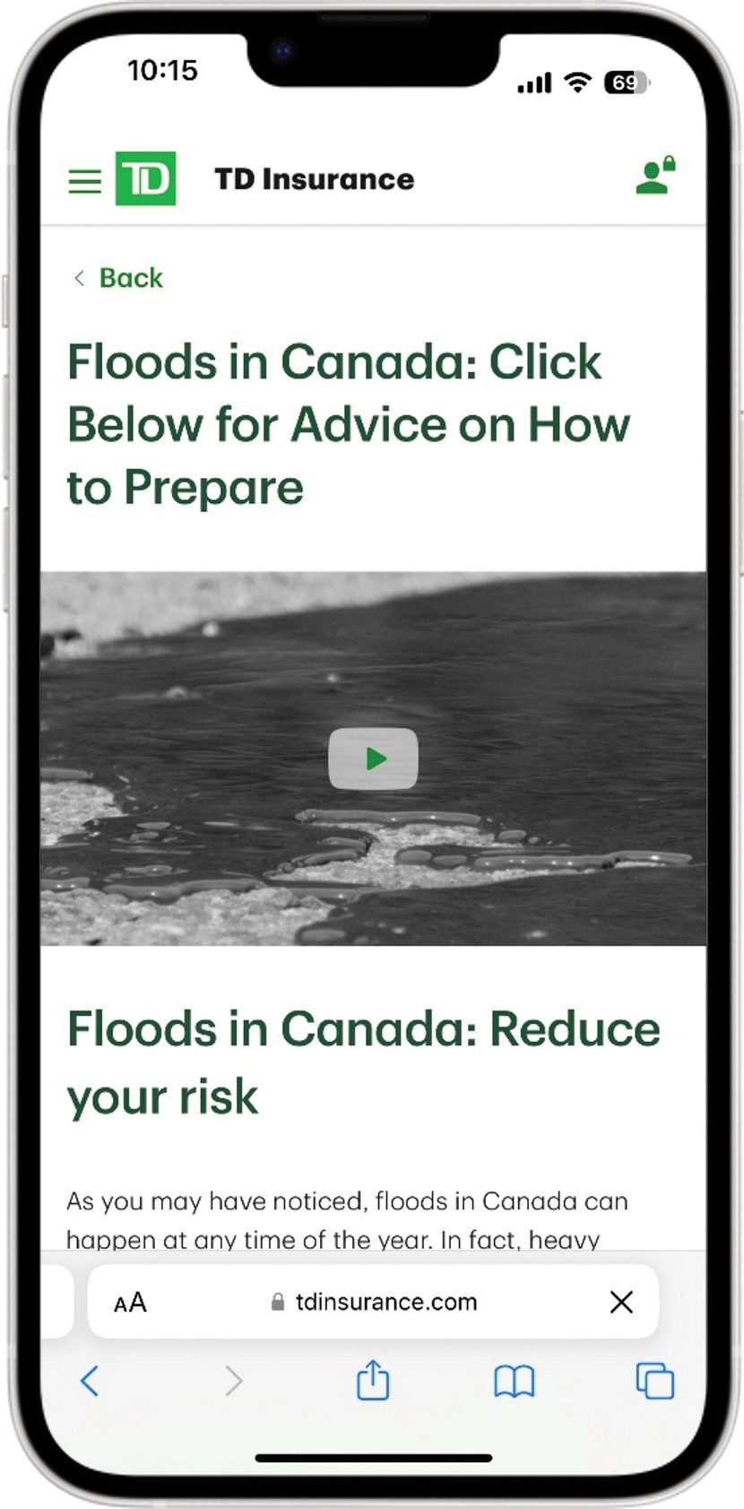 Mobile phone displaying Severe Weather and Safety Alerts feature within the TD Insurance app