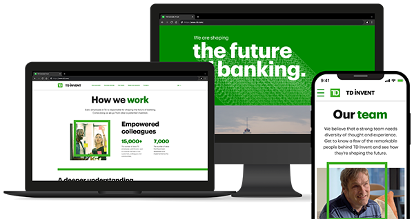 Monitor, laptop and mobile phone screens showing various TD Invent pages