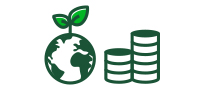 Icon of the Earth beside two stacks of coins