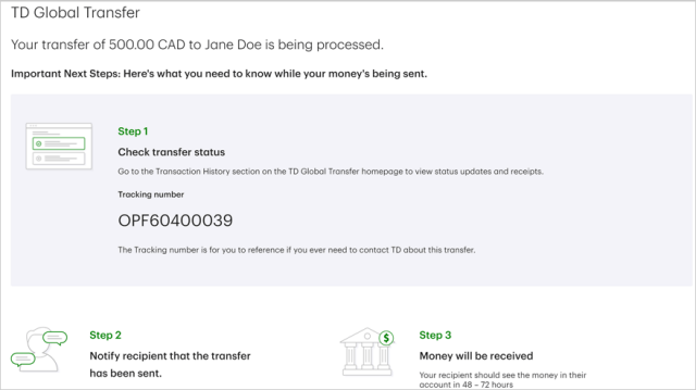 Td wire transfer sale