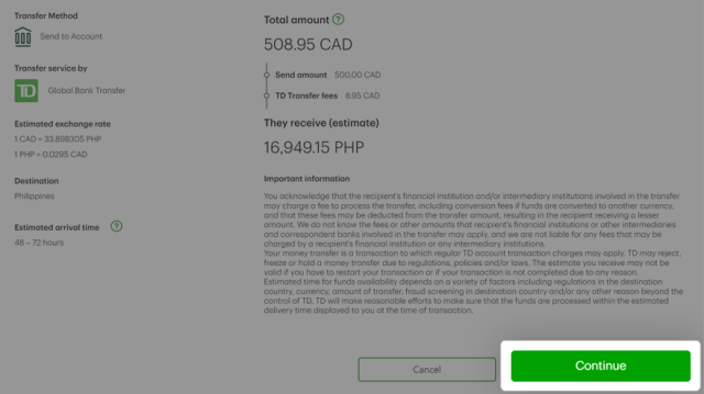 Td bank wire transfer sale