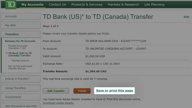 How to transfer money from TD Bank US to TD Canada on EasyWeb