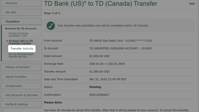 Td bank deals wire transfer