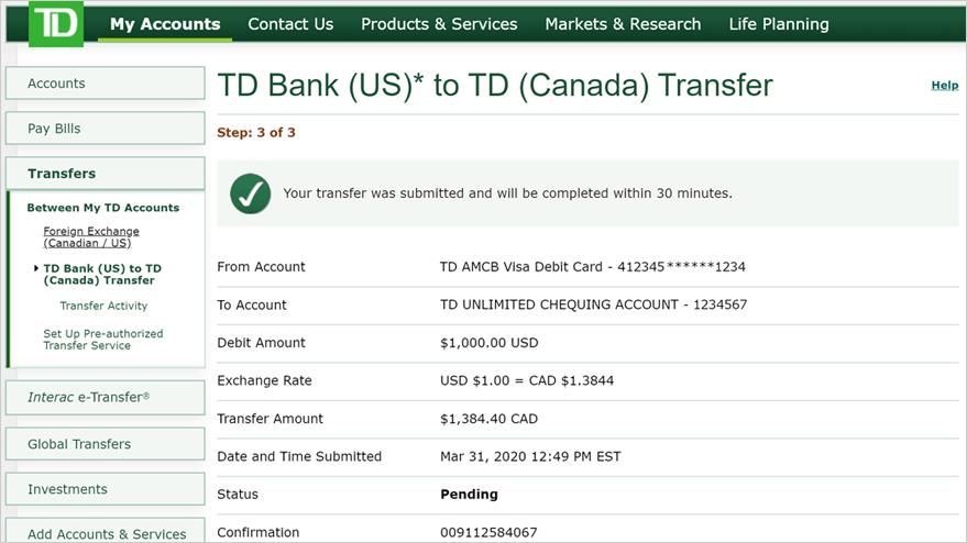 How To Transfer Money From TD Bank US To TD Canada On EasyWeb