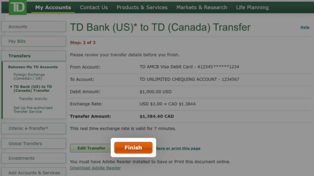 How to transfer money from TD Bank US to TD Canada on EasyWeb