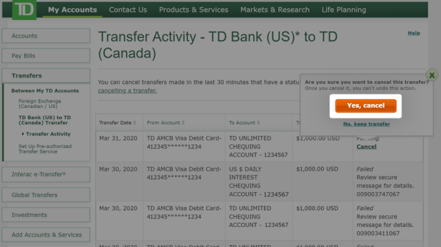 Td wire transfer sale