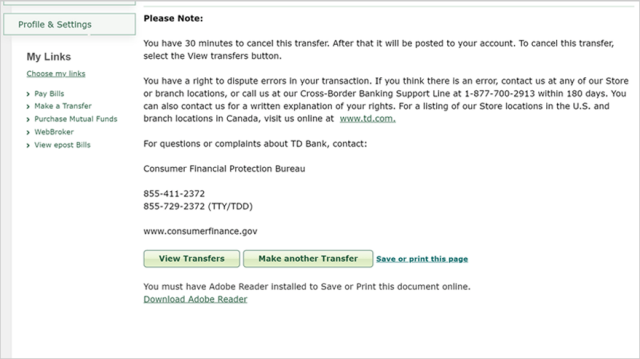 Td bank wire transfer hot sale