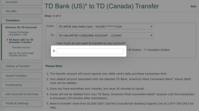 How to transfer money from TD Bank US to TD Canada on EasyWeb