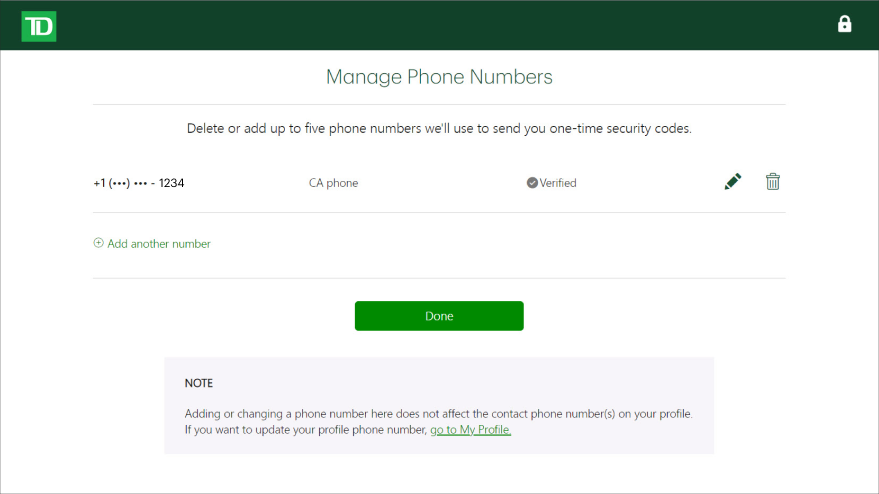 Add, edit or delete phone numbers for receiving one-time security codes.