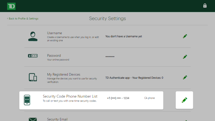 Select the Edit icon from the Security Code Phone Number List section under Security Settings.