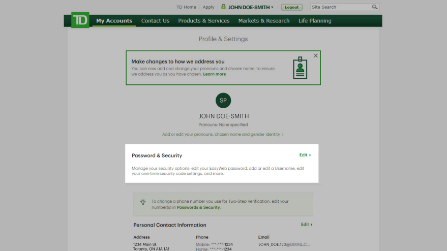 Under Password & Security, select Edit to view and/or update your security options. 
