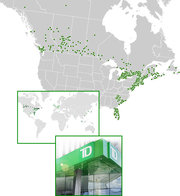 Cartes montrant les lieux de travail de la TD en Amérique du Nord et ailleurs dans le monde