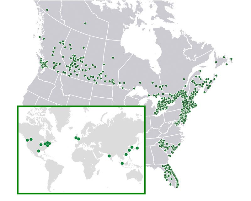 Cartes montrant les lieux de travail de la TD en Amérique du Nord et dans le monde