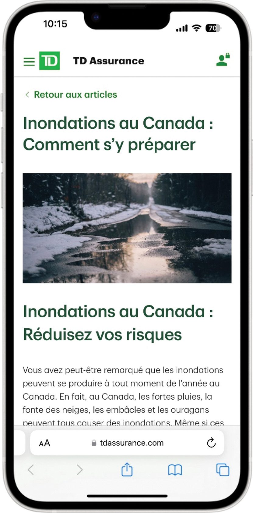 Téléphone cellulaire affichant la fonctionnalité d’alertes météo et de sécurité dans l’appli TD Assurance