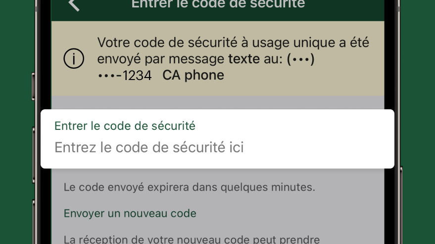 Entrez le code de sécurité à 6 chiffres que vous avez reçu par message texte ou par téléphone. 