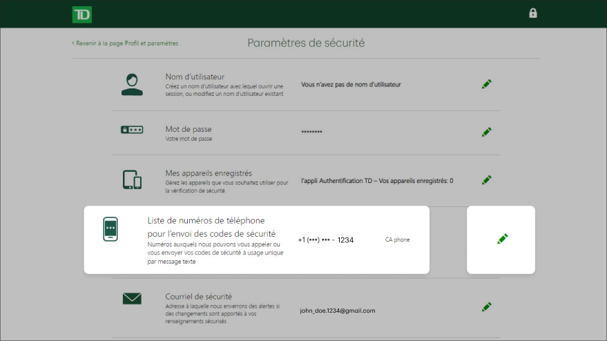 Dans les paramètres de sécurité, sélectionnez l'icône de modification de la section Liste des numéros de téléphone pour l'envoi des codes de sécurité. 