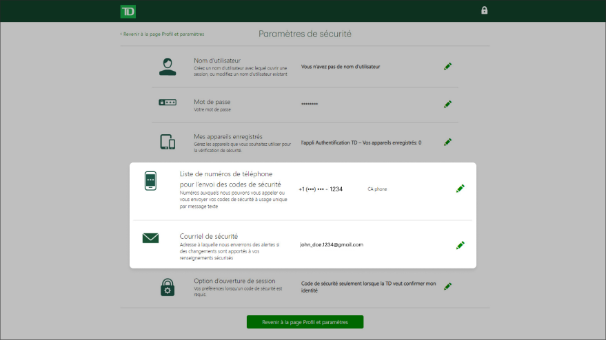 Mettre à jour votre numéro de téléphone pour l'envoi des codes de sécurité ou de l'adresse courriel de sécurité