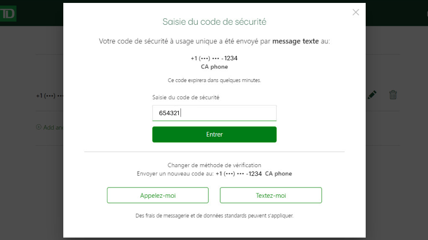 Entrez le code de sécurité à 6 chiffres que vous avez reçu par message texte ou par téléphone. Saisissez-le dans le champ Saisie du code de sécurité et sélectionnez Entrer au bas de l'écran.