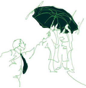 Person holding umbbrella over two people