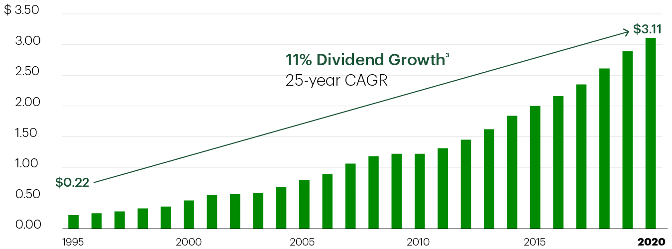 Dividend History (Canadian dollars) 1995: 0.22, 1996: 0.25, 1997: 0.28, 1998: 0.33, 1999: 0.36, 2000: 0.46, 2001: 0.55, 2002: 0.56, 2003: 0.58, 2004: 0.68, 2005: 0.79, 2006: 0.89, 2007: 1.06, 2008: 1.18, 2009: 1.22, 2010: 1.22, 2011: 1.31, 2012: 1.45, 2013: 1.62, 2014: 1.84, 2015: 2.00, 2016: 2.16, 2017: 2.35, 2018: 2.61, 2019: 2.89, 2020: 3.11