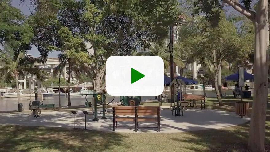 Play a video about developing outdoor fitness zones in Miami-Dade County to support residents and demonstrate green building practices.